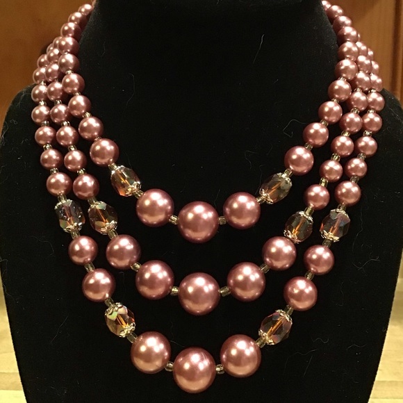 Vintage Japan Jewelry - Japan  Mauve Triple-Strand Faux Pearl Necklace